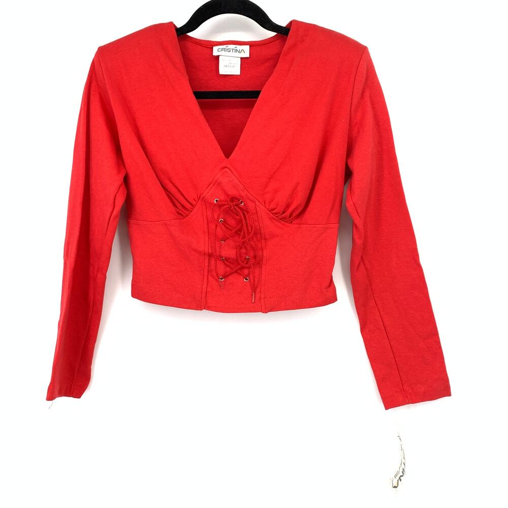 Vintage 90s Cristina Red Lace Up Corset Crop Top Long Sleeve Womens Size Medium